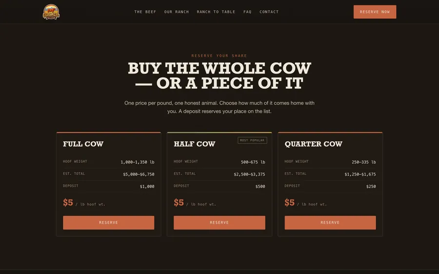 Colorado East Cattle share options: full, half and quarter cow with hoof weight, estimated total and deposit