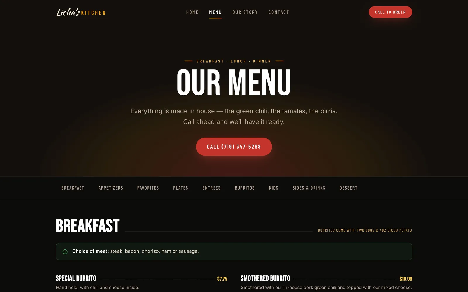 Licha's Kitchen menu page with category navigation and breakfast items