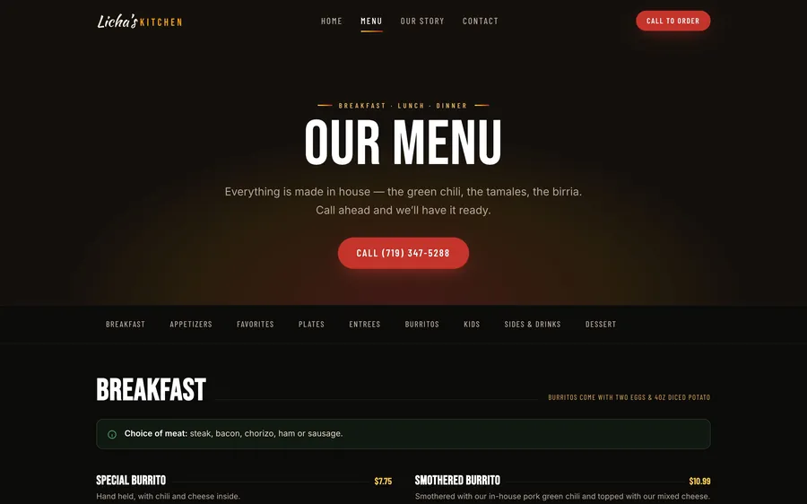 Licha's Kitchen menu page with category navigation
