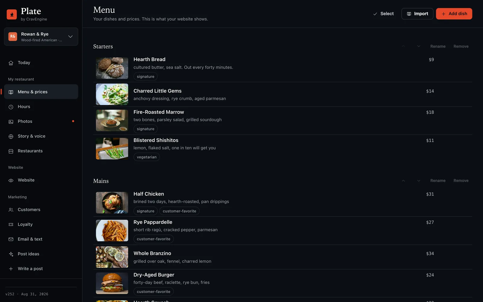 Plate's menu editor