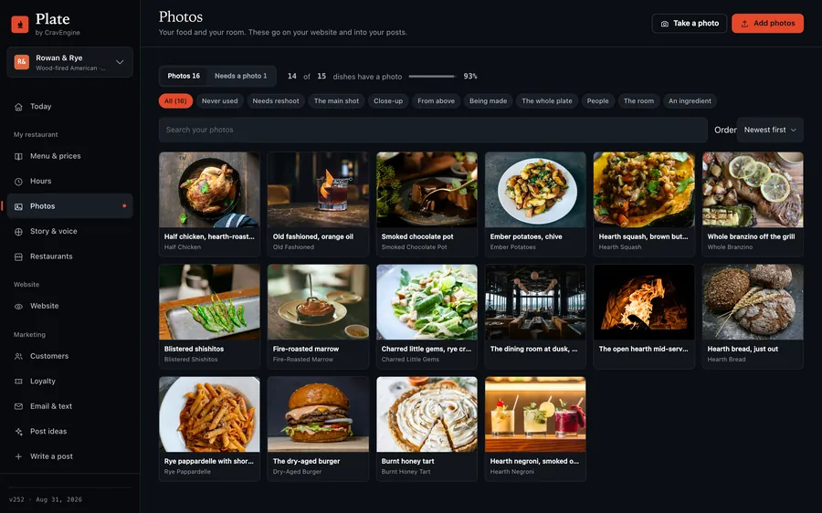 Plate's photo library with coverage of which dishes have photos