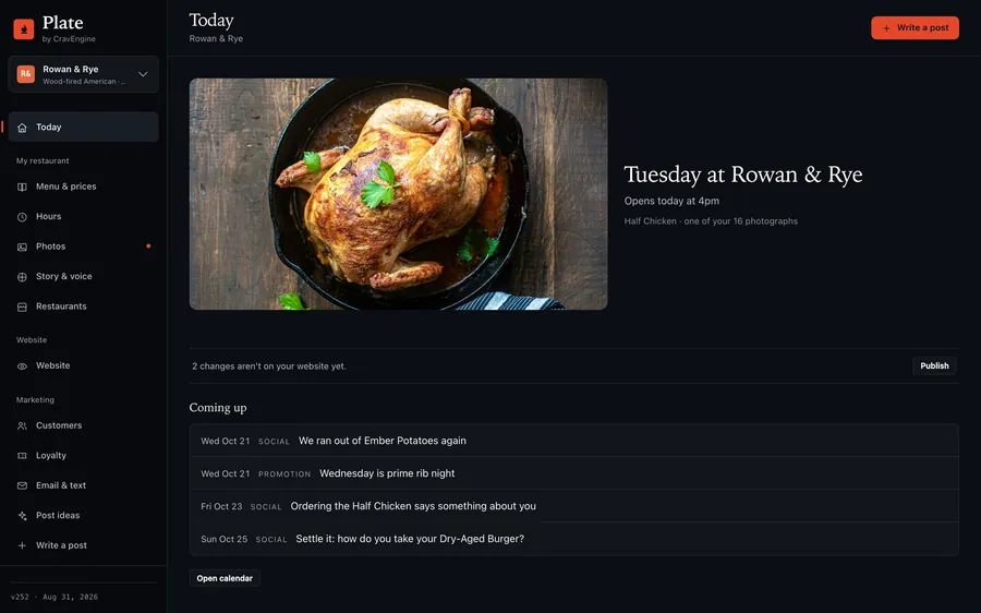 Plate's Today screen showing a demo restaurant's day, unpublished changes and upcoming posts