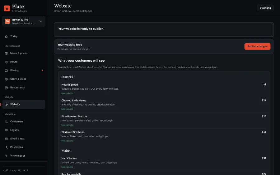 Plate's website screen showing changes waiting to publish and a customer preview