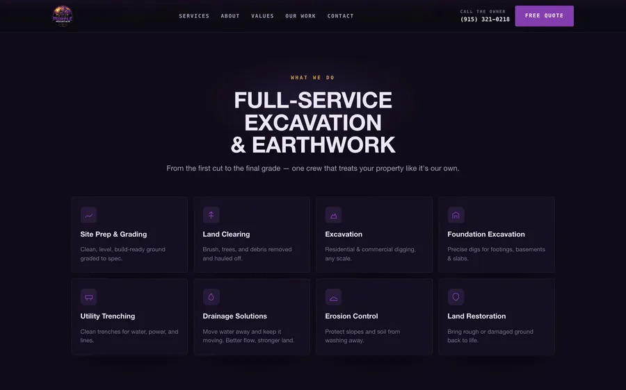 Purple Mountain Excavation services: site prep, land clearing, excavation, foundations, trenching, drainage, erosion control and land restoration
